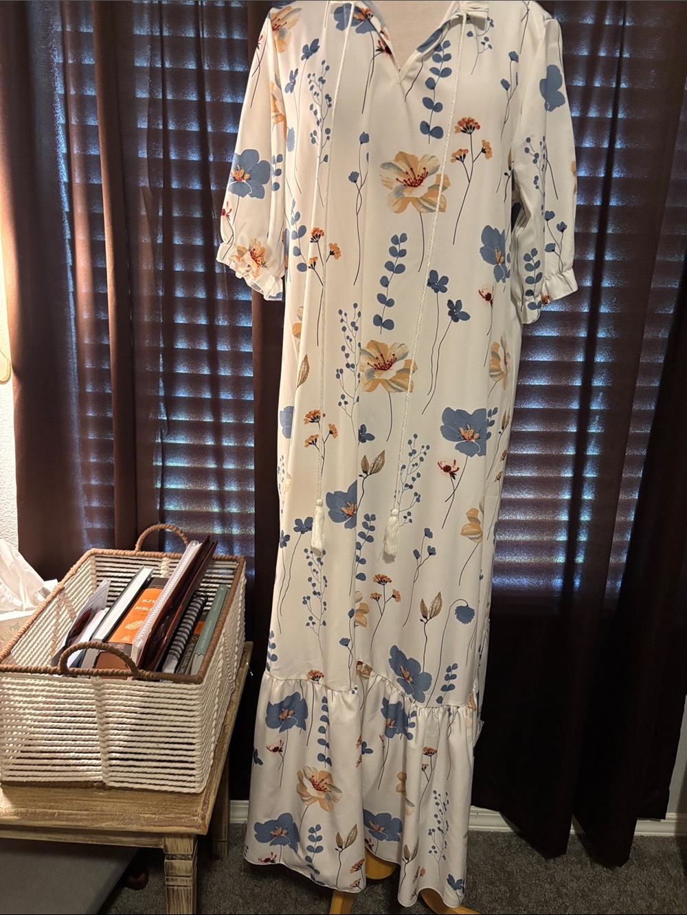 SHEIN Women's Cream Floral Maxi Dress with Blue & Yellow Blooms